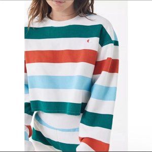 UO x Champion Rainbow Stripe Cropped Reverse Weave Oversized Crewneck